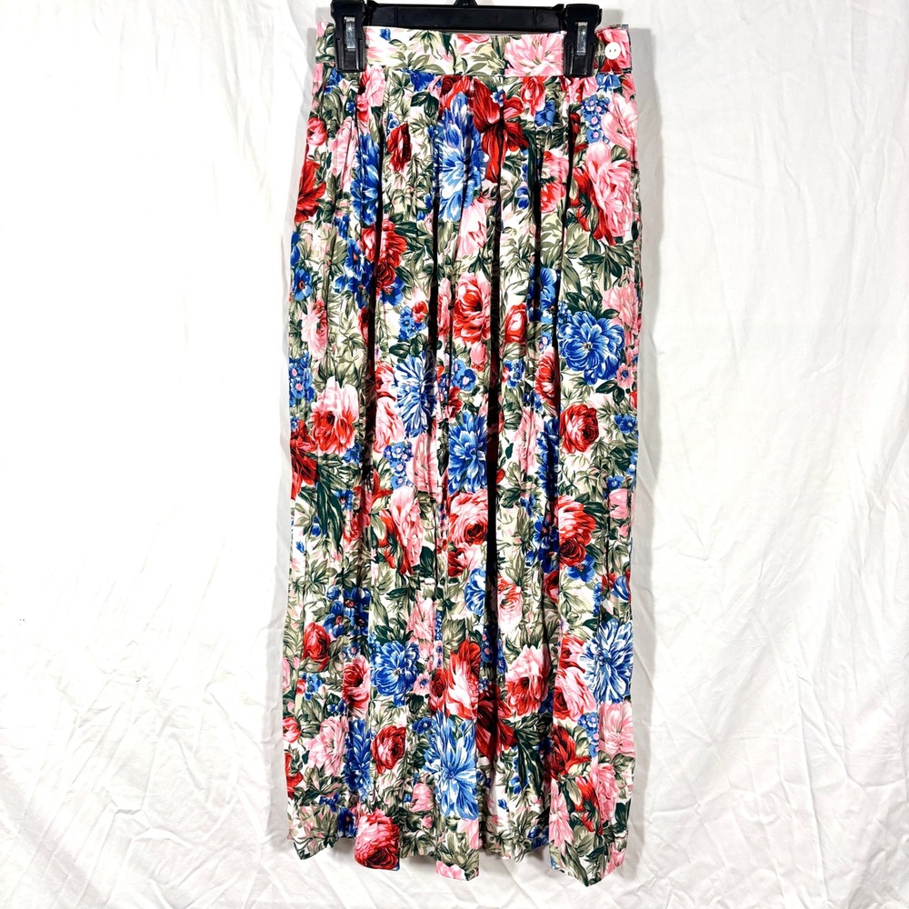 Vintage 80s‎ 90s Pleated Midi Skirt Floral Boho Cottage Indie Academia Pockets